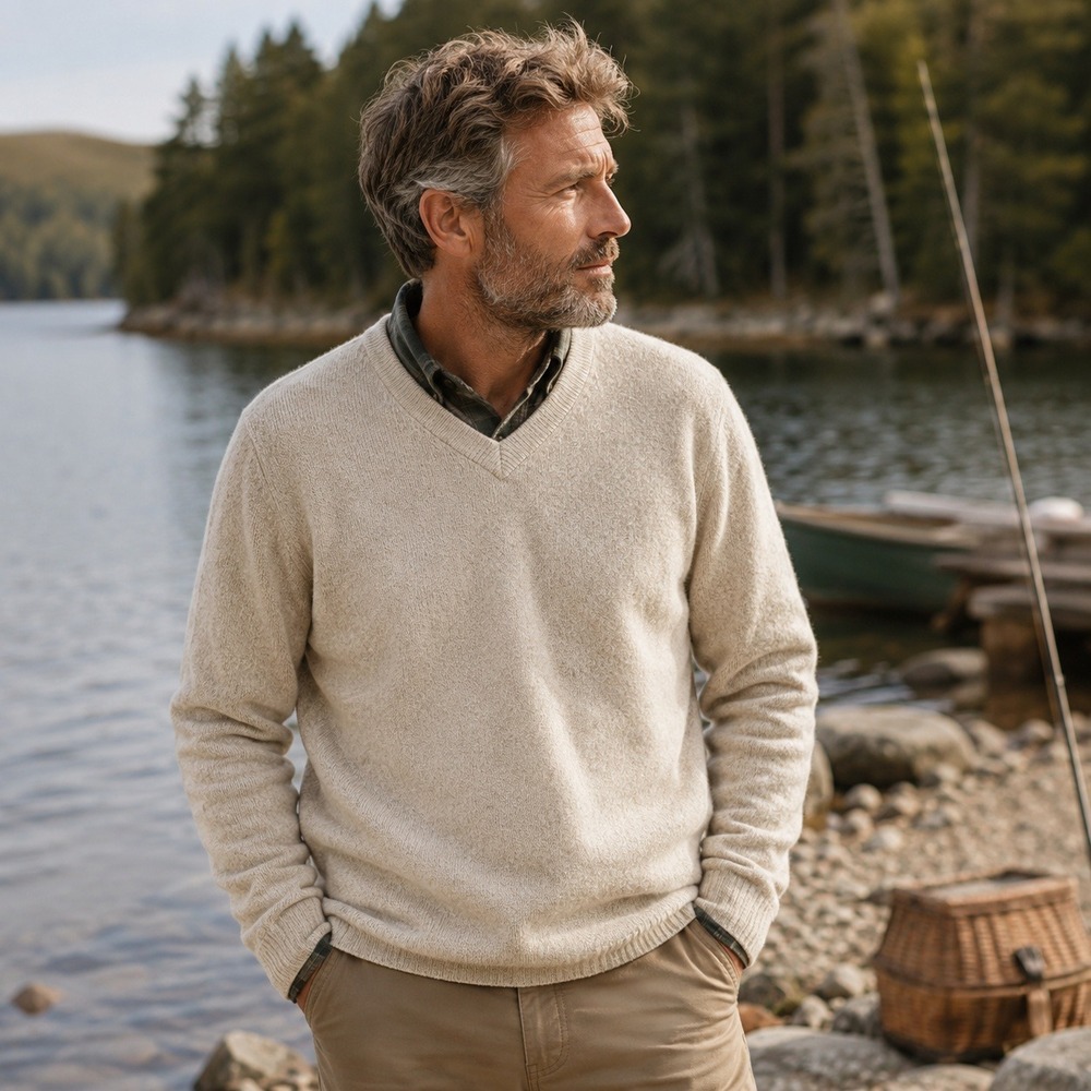 LL Bean Mens Lambswool Sweater L V-Neck Wool Beige Outdoor Gorpcore Fisherman